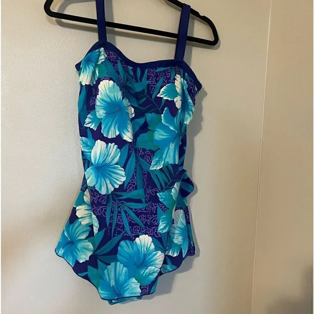 Maxine of Hollywood Bathing Suit Swim
Dress Padded Blue Floral One Piece Size 16